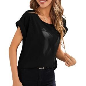 NARECTE Casual Blouse Round Neck Rolled Cuff Sleeve Lightweight Black Womens L